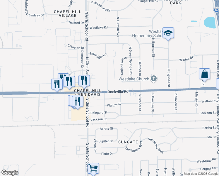 map of restaurants, bars, coffee shops, grocery stores, and more near 55 Buisdale Drive in Indianapolis