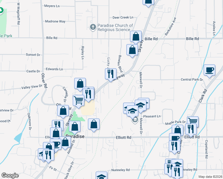 map of restaurants, bars, coffee shops, grocery stores, and more near 6090 Lucky John Road in Paradise