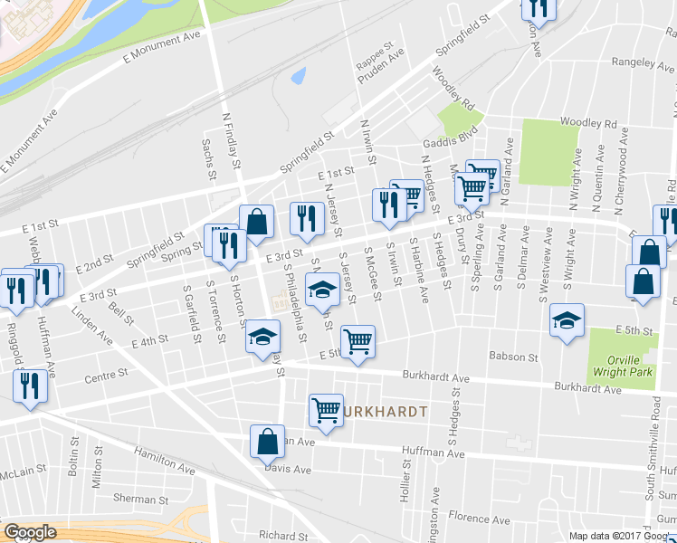 map of restaurants, bars, coffee shops, grocery stores, and more near 31 South Jersey Street in Dayton