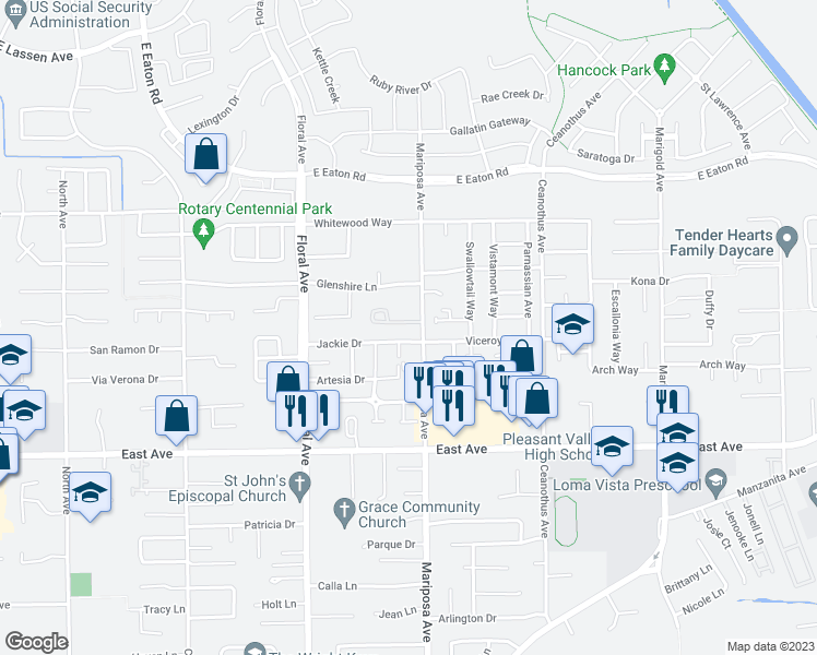 map of restaurants, bars, coffee shops, grocery stores, and more near 2 Tierra Rosa Lane in Chico