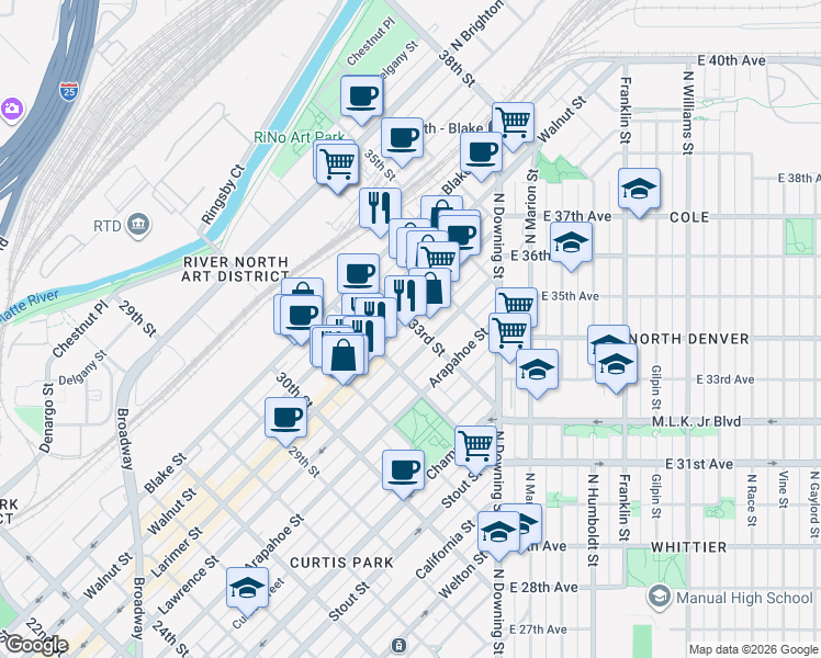 map of restaurants, bars, coffee shops, grocery stores, and more near 3245 Larimer Street in Denver