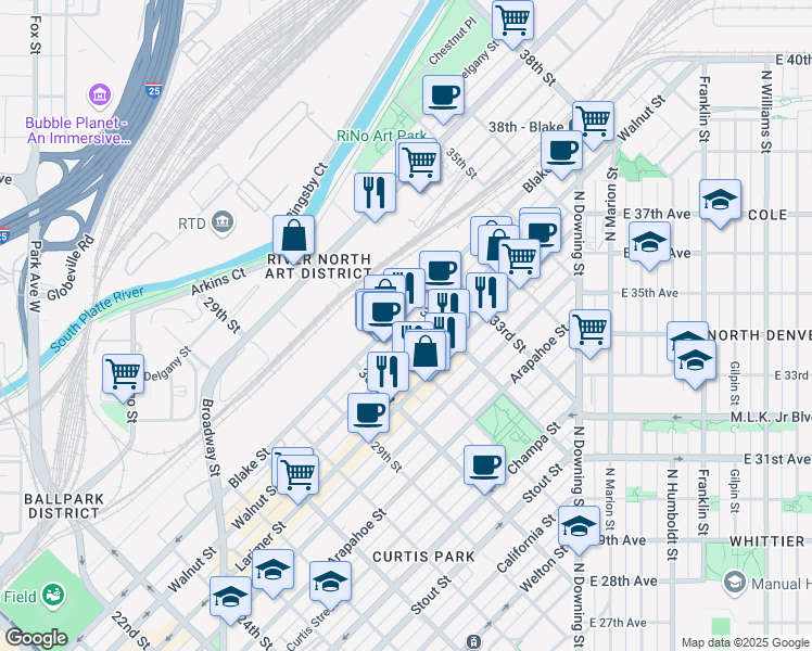 map of restaurants, bars, coffee shops, grocery stores, and more near 3133 Blake Street in Denver