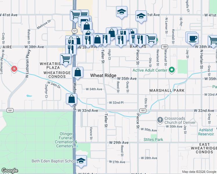 map of restaurants, bars, coffee shops, grocery stores, and more near 7150 West 34th Place in Wheat Ridge