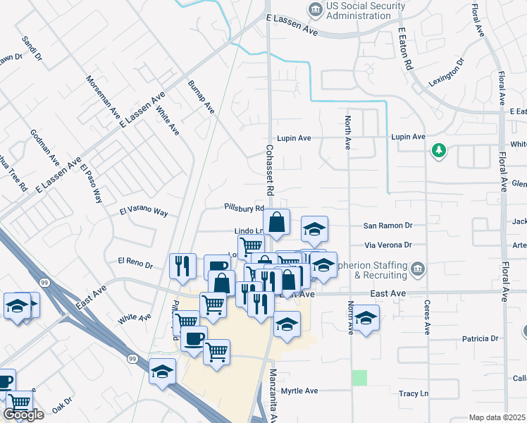 map of restaurants, bars, coffee shops, grocery stores, and more near 2780 Pillsbury Road in Chico