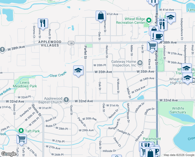 map of restaurants, bars, coffee shops, grocery stores, and more near 10780 West 35th Avenue in Wheat Ridge