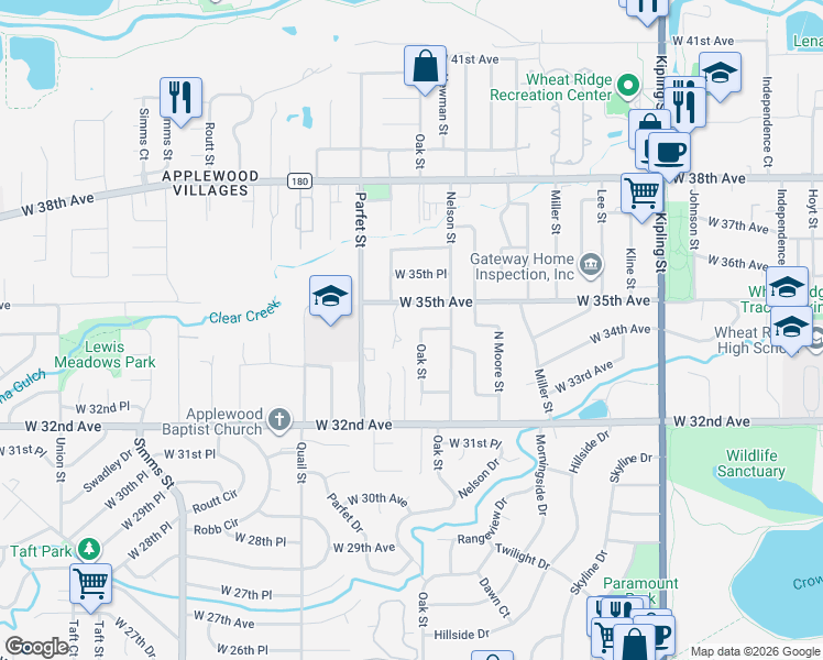 map of restaurants, bars, coffee shops, grocery stores, and more near 10780 West 35th Avenue in Wheat Ridge