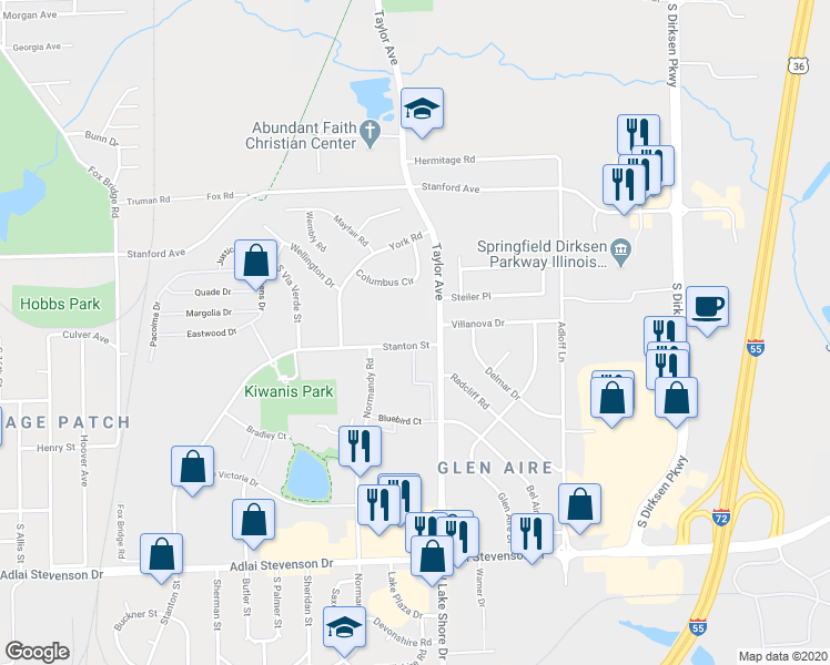 map of restaurants, bars, coffee shops, grocery stores, and more near 2821 Stanton Street in Springfield