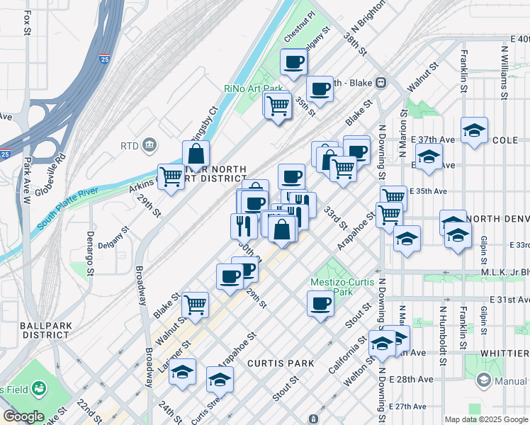 map of restaurants, bars, coffee shops, grocery stores, and more near in Denver