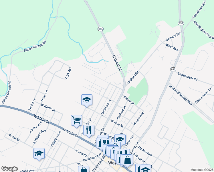 map of restaurants, bars, coffee shops, grocery stores, and more near 316 North Franklin Street in Waynesboro