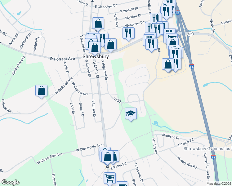 map of restaurants, bars, coffee shops, grocery stores, and more near 63 Messina Court in Shrewsbury