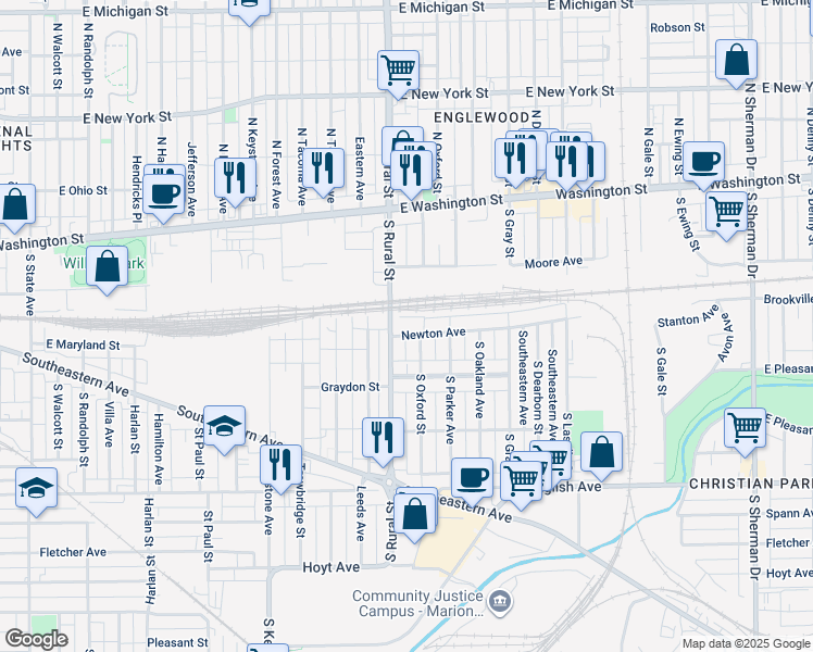 map of restaurants, bars, coffee shops, grocery stores, and more near 202 South Rural Street in Indianapolis