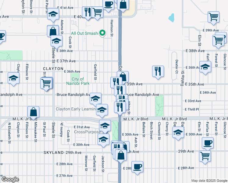 map of restaurants, bars, coffee shops, grocery stores, and more near 3430 Harrison Street in Denver