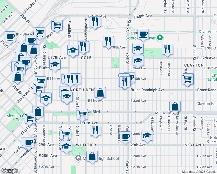 map of restaurants, bars, coffee shops, grocery stores, and more near 3421 Vine Street in Denver