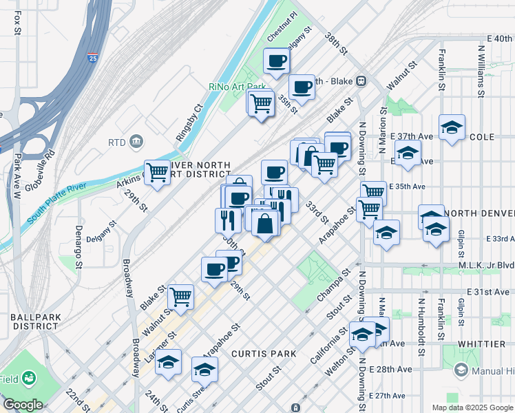map of restaurants, bars, coffee shops, grocery stores, and more near in Denver