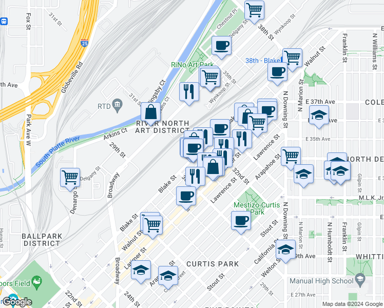 map of restaurants, bars, coffee shops, grocery stores, and more near in Denver