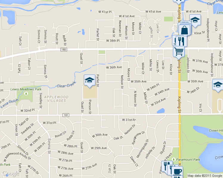 map of restaurants, bars, coffee shops, grocery stores, and more near 10780 West 35th Avenue in Wheat Ridge