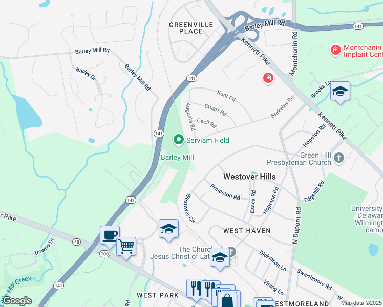 map of restaurants, bars, coffee shops, grocery stores, and more near 800 Berkeley Road in Wilmington