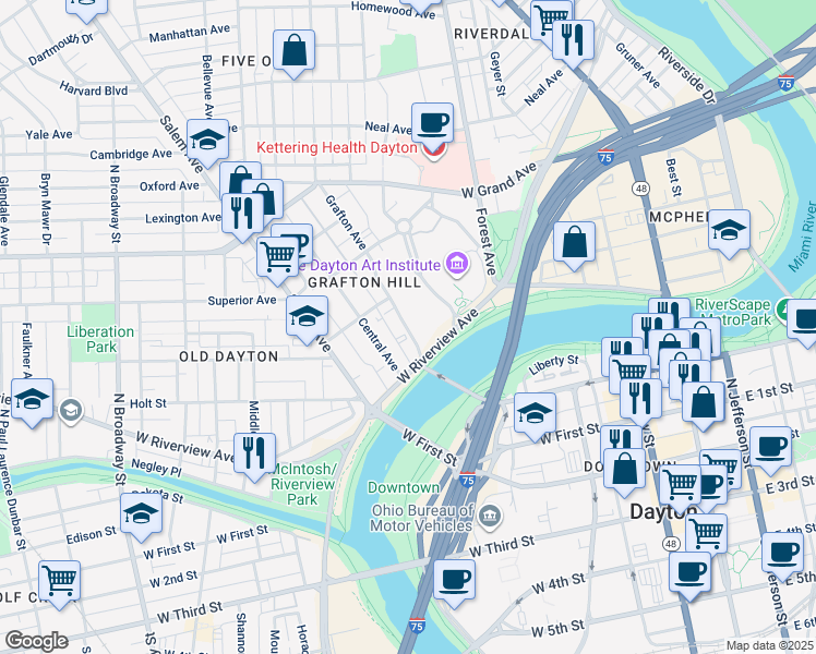 map of restaurants, bars, coffee shops, grocery stores, and more near 51 Grafton Avenue in Dayton