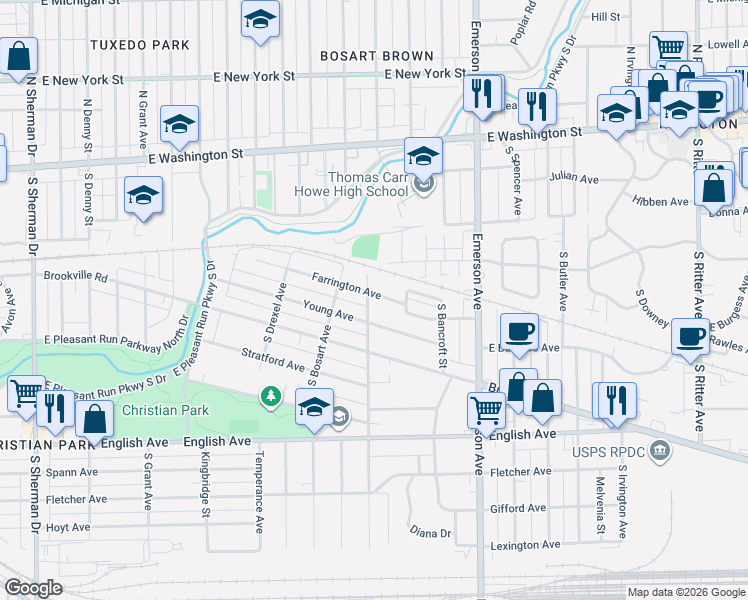 map of restaurants, bars, coffee shops, grocery stores, and more near 4725 Farrington Avenue in Indianapolis