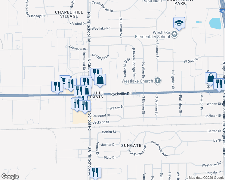 map of restaurants, bars, coffee shops, grocery stores, and more near 55 Buisdale Drive in Indianapolis