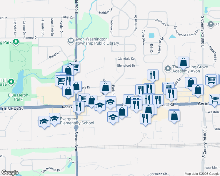 map of restaurants, bars, coffee shops, grocery stores, and more near 140 Park Place Boulevard in Avon