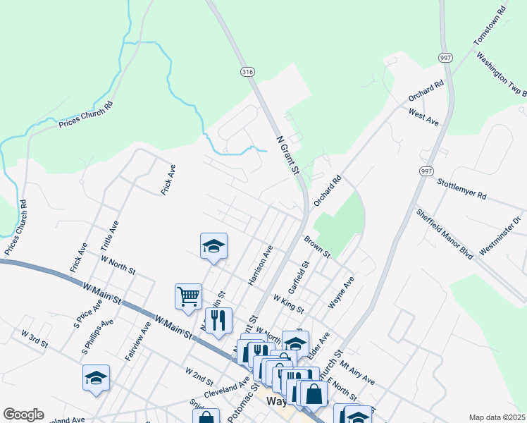 map of restaurants, bars, coffee shops, grocery stores, and more near 316 North Franklin Street in Waynesboro