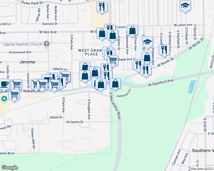 map of restaurants, bars, coffee shops, grocery stores, and more near 1029 Wabash Avenue in Springfield