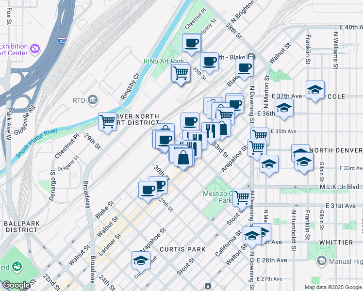 map of restaurants, bars, coffee shops, grocery stores, and more near in Denver