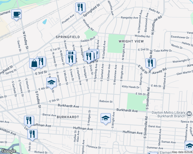 map of restaurants, bars, coffee shops, grocery stores, and more near 75 South Sperling Avenue in Dayton