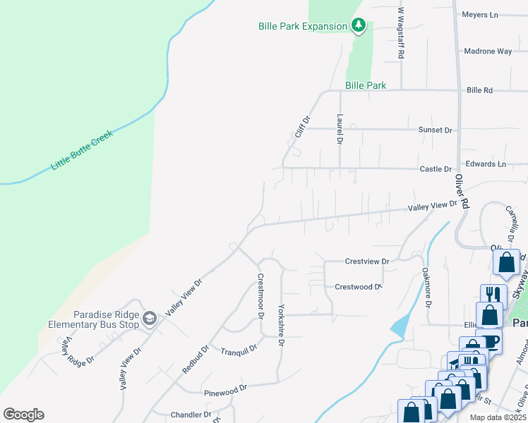 map of restaurants, bars, coffee shops, grocery stores, and more near 375 Valley View Drive in Paradise