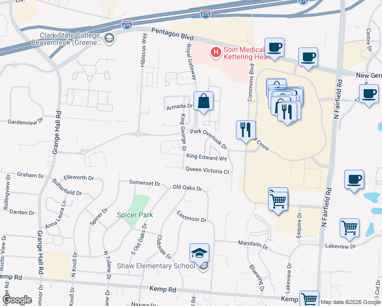 map of restaurants, bars, coffee shops, grocery stores, and more near 3558 King Edward Way in Dayton