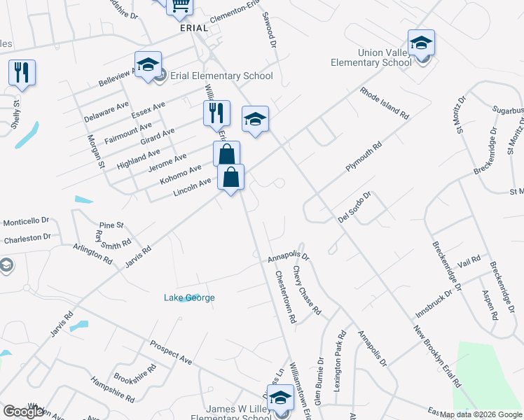 map of restaurants, bars, coffee shops, grocery stores, and more near 18 Galena Court in Sicklerville