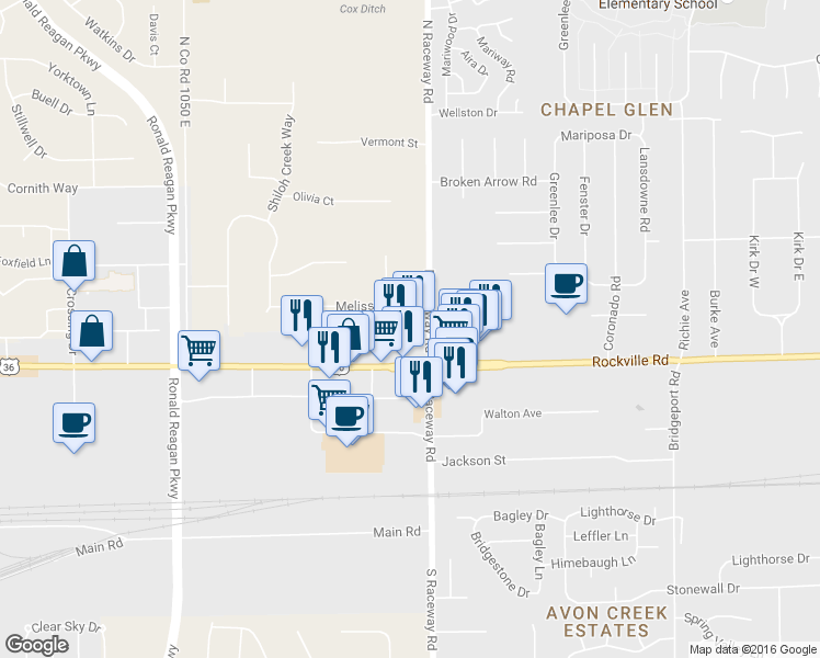 map of restaurants, bars, coffee shops, grocery stores, and more near 118 North Raceway Road in Indianapolis