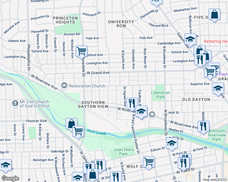 map of restaurants, bars, coffee shops, grocery stores, and more near 863 North Euclid Avenue in Dayton