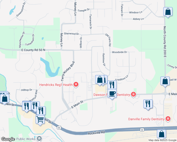 map of restaurants, bars, coffee shops, grocery stores, and more near 344 Meadow Drive in Danville