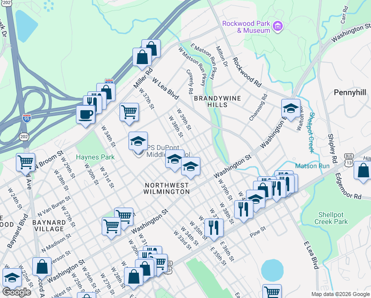 map of restaurants, bars, coffee shops, grocery stores, and more near 516 West 38th Street in Wilmington