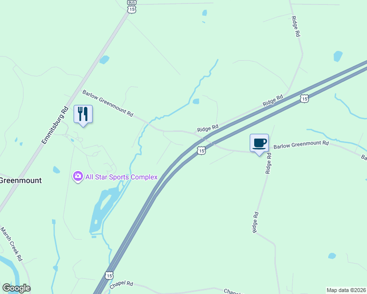 map of restaurants, bars, coffee shops, grocery stores, and more near 5 Chapel Ridge Road in Gettysburg