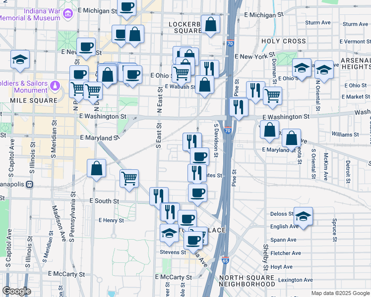 map of restaurants, bars, coffee shops, grocery stores, and more near 565 Pope Place in Indianapolis