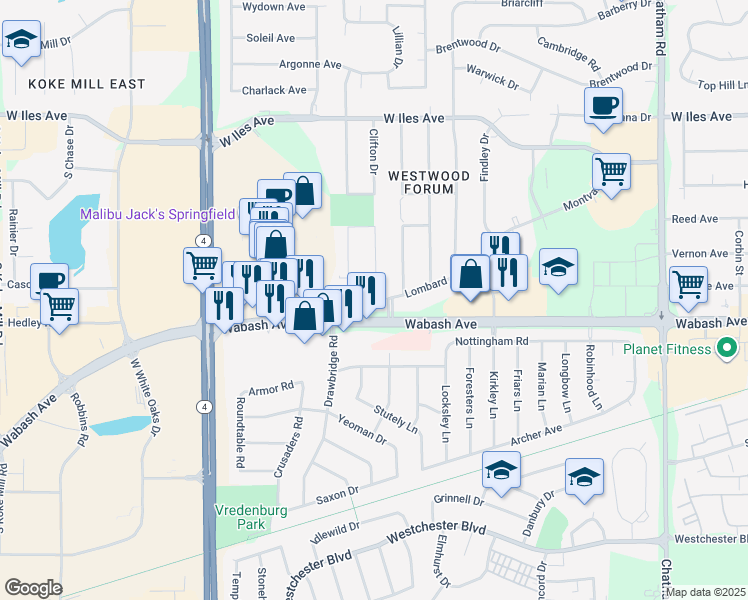 map of restaurants, bars, coffee shops, grocery stores, and more near Lombard Avenue in Springfield