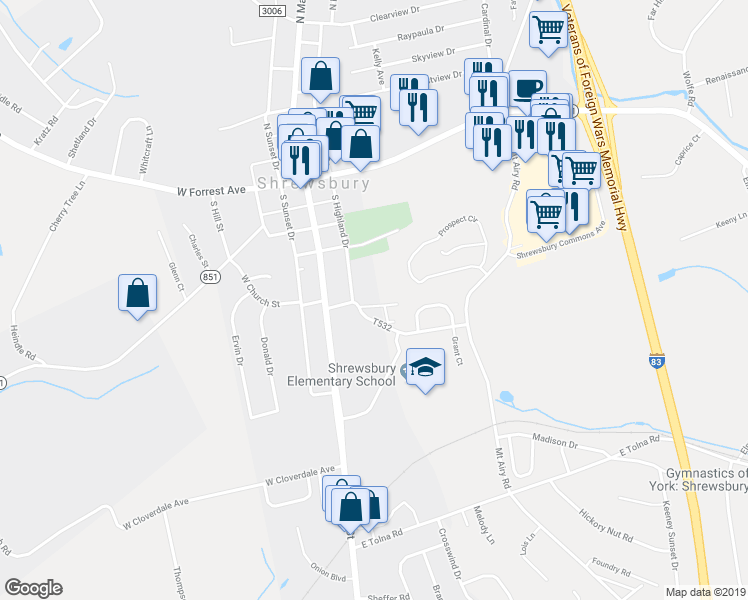 map of restaurants, bars, coffee shops, grocery stores, and more near 57 Messina Court in Shrewsbury