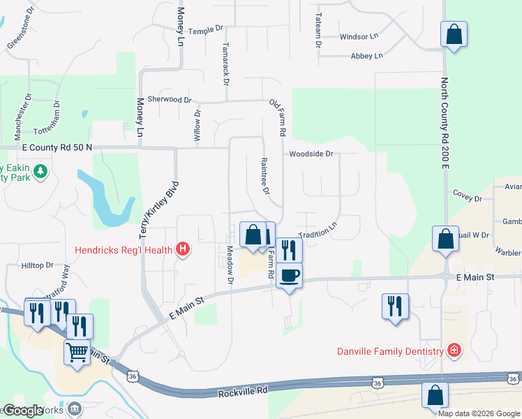 map of restaurants, bars, coffee shops, grocery stores, and more near 299 Heritage Drive in Danville