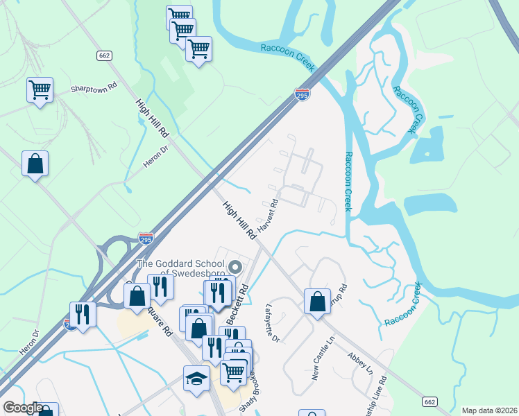 map of restaurants, bars, coffee shops, grocery stores, and more near 16 Honeysuckle Lane in Logan Township