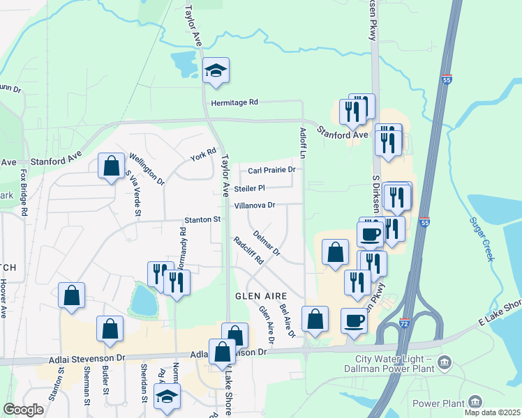 map of restaurants, bars, coffee shops, grocery stores, and more near 44 Villanova Drive in Springfield