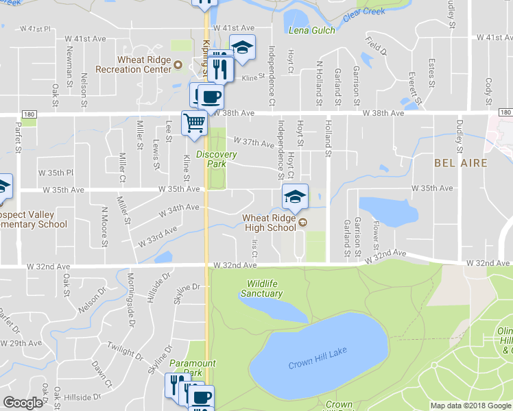map of restaurants, bars, coffee shops, grocery stores, and more near 9810 West 34th Drive in Wheat Ridge