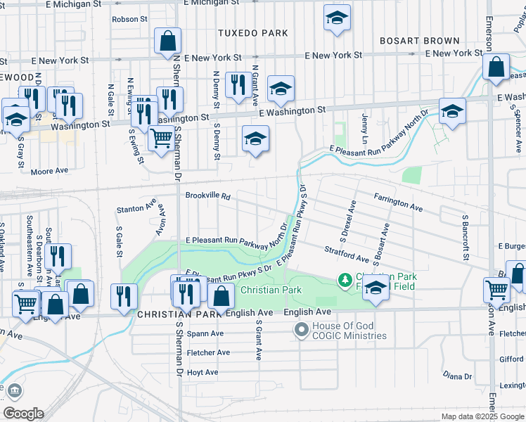 map of restaurants, bars, coffee shops, grocery stores, and more near 4107 South Brookville Road in Indianapolis