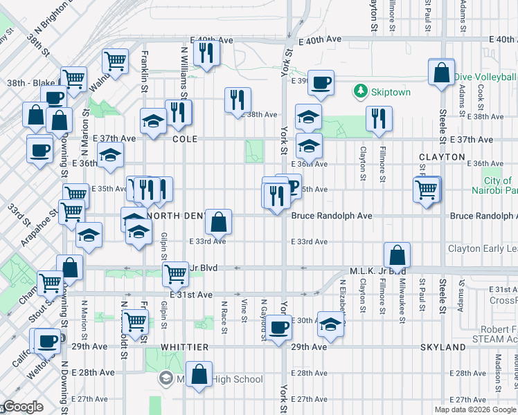 map of restaurants, bars, coffee shops, grocery stores, and more near 3415 North Gaylord Street in Denver