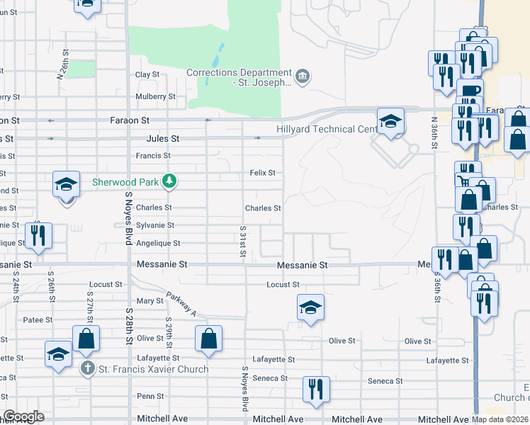 map of restaurants, bars, coffee shops, grocery stores, and more near 3124 Charles Street in Saint Joseph