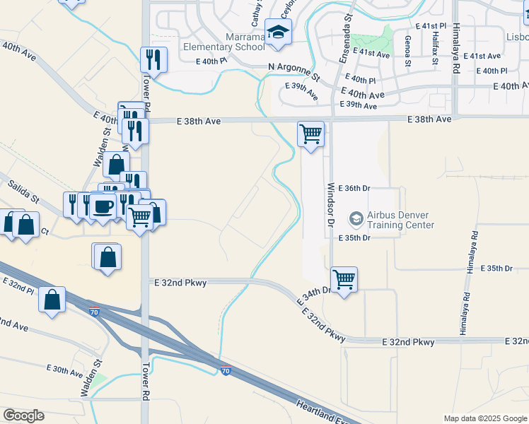 map of restaurants, bars, coffee shops, grocery stores, and more near 19100 East 38th Avenue in Aurora