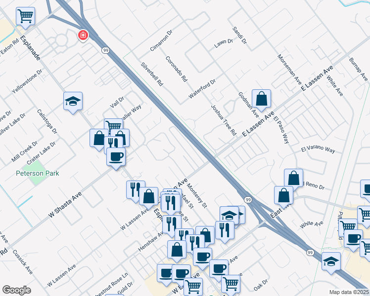 map of restaurants, bars, coffee shops, grocery stores, and more near 370 East Lassen Avenue in Chico