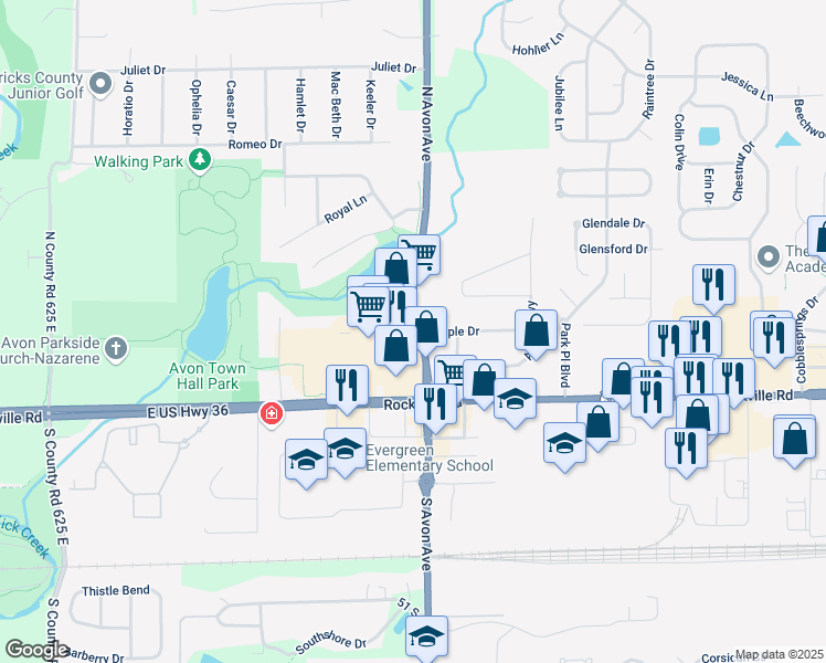 map of restaurants, bars, coffee shops, grocery stores, and more near 176 North Avon Avenue in Avon